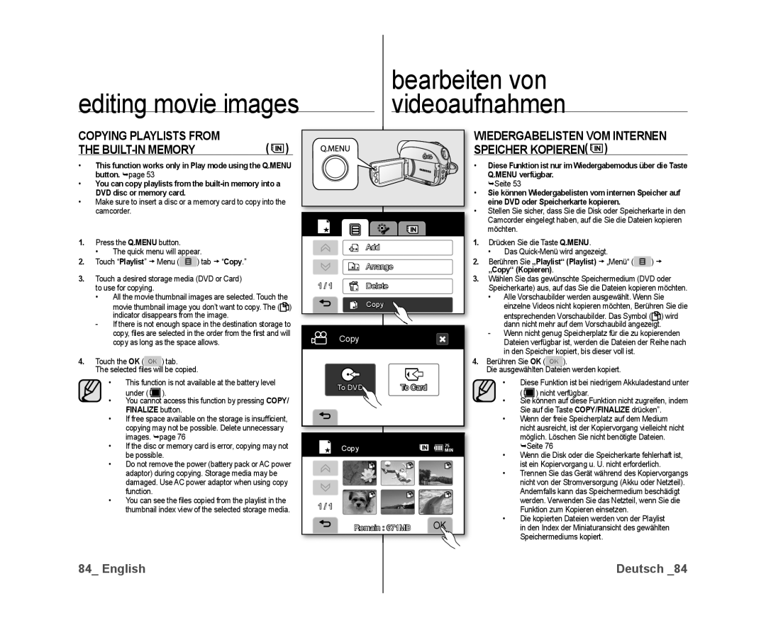 Samsung VP-DX10/HAC, VP-DX10/XEF Copying Playlists from BUILT-IN Memory, Wiedergabelisten VOM Internen Speicher Kopieren 