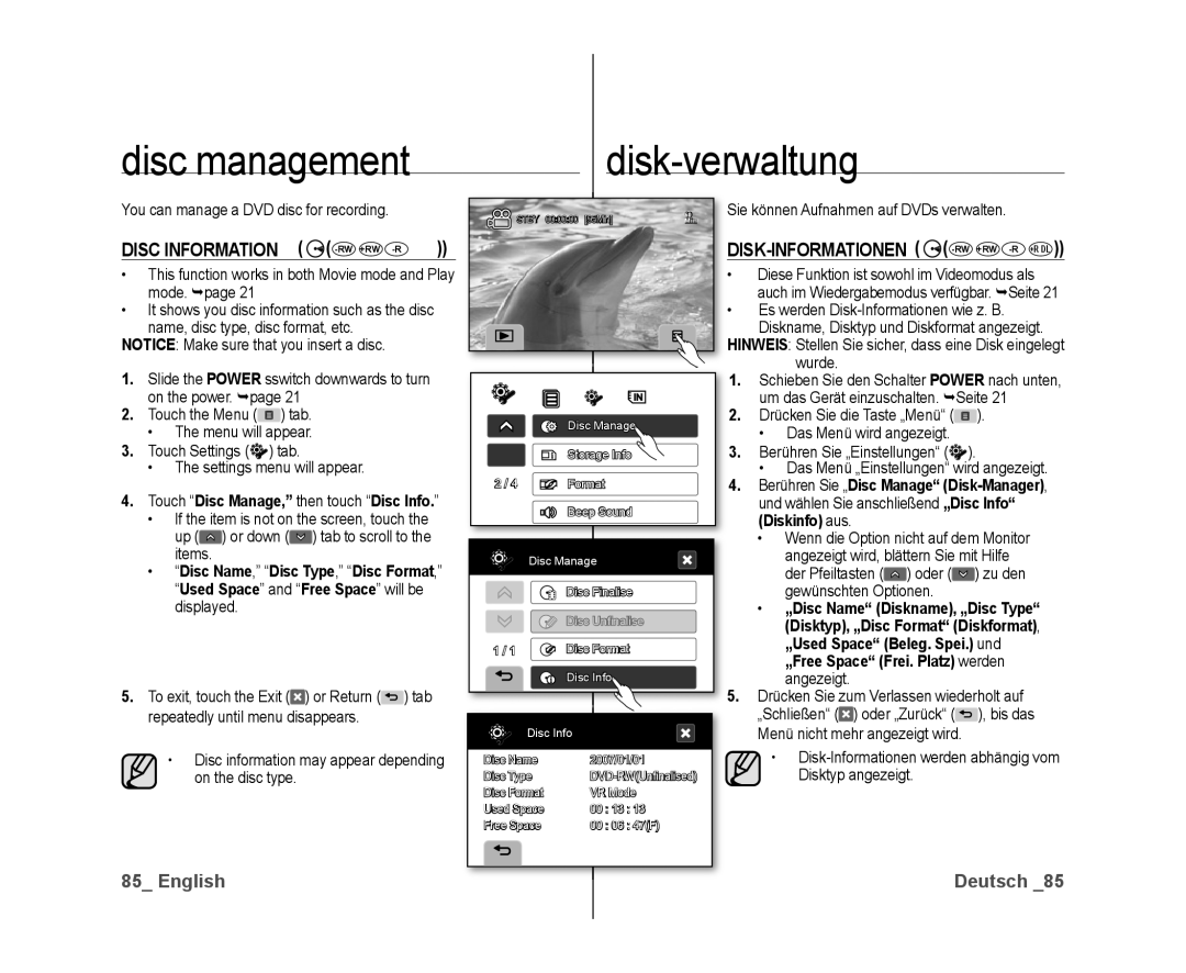 Samsung VP-DX10/KNT, VP-DX10/XEF, VP-DX10H/XEF manual Disc management, Disk-Informationen -Rw +Rw -R +R Dl, Disc Information 