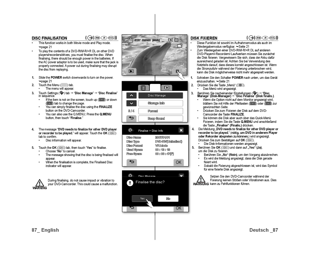 Samsung VP-DX10/MEA, VP-DX10/XEF, VP-DX10H/XEF manual Disc Finalisation, Disk Fixieren, Wiedergabemodus verfügbar. Seite 