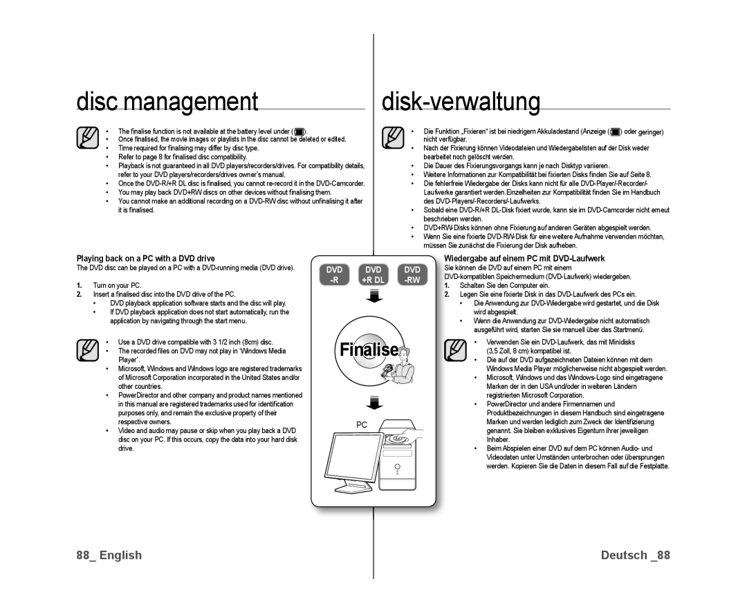 Samsung VP-DX10H/HAC manual Disk-verwaltung, Playing back on a PC with a DVD drive, Iedergabe auf einem PC mit DVD-Laufwerk 