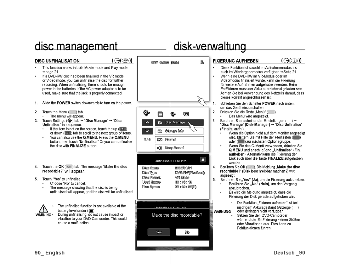 Samsung VP-DX10/XEK, VP-DX10/XEF, VP-DX10H/XEF, VP-DX10/XEO manual Disc Unfinalisation, Fixierung Aufheben, Finalis. aufh 