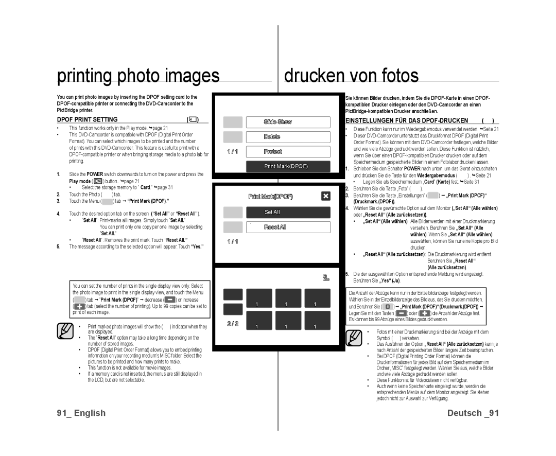 Samsung VP-DX10/XER, VP-DX10/XEF, VP-DX10H/XEF manual Printing photo images, Dpof Print Setting, Set All, Alle zurücksetzen 