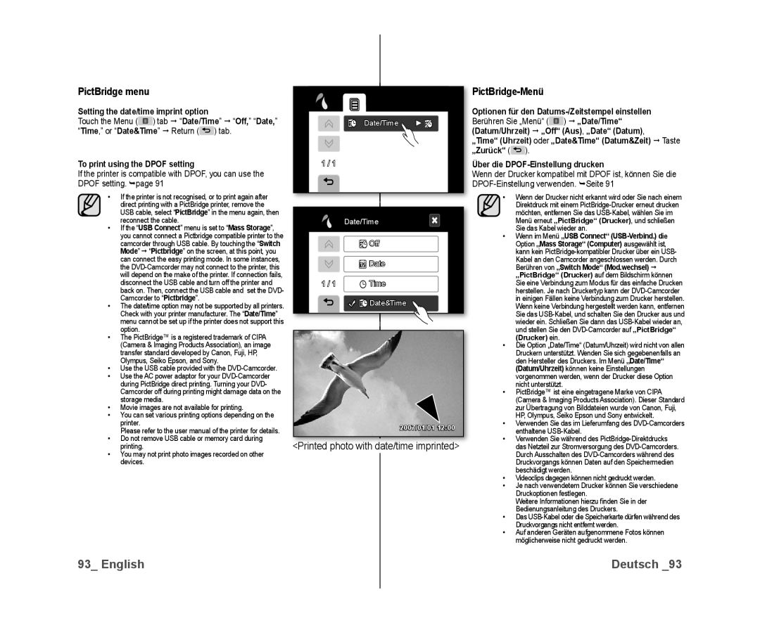 Samsung VP-DX10H/XEF, VP-DX10/XEF, VP-DX10/XEO manual PictBridge menu, PictBridge-Menü, Setting the date/time imprint option 