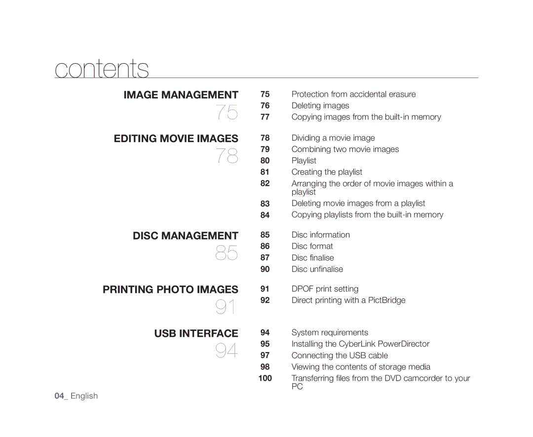 Samsung VP-DX10H/HAC, VP-DX10/XEF, VP-DX10H/XEF, VP-DX10/XEO, VP-DX10/XEE, VP-DX10/UMG, VP-DX10H/MEA, VP-DX10/HAC manual Contents 