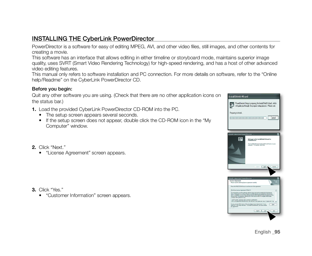 Samsung VP-DX10/XEE, VP-DX10/XEF, VP-DX10H/XEF, VP-DX10/XEO, VP-DX10/UMG, VP-DX10H/MEA Installing the CyberLink PowerDirector 