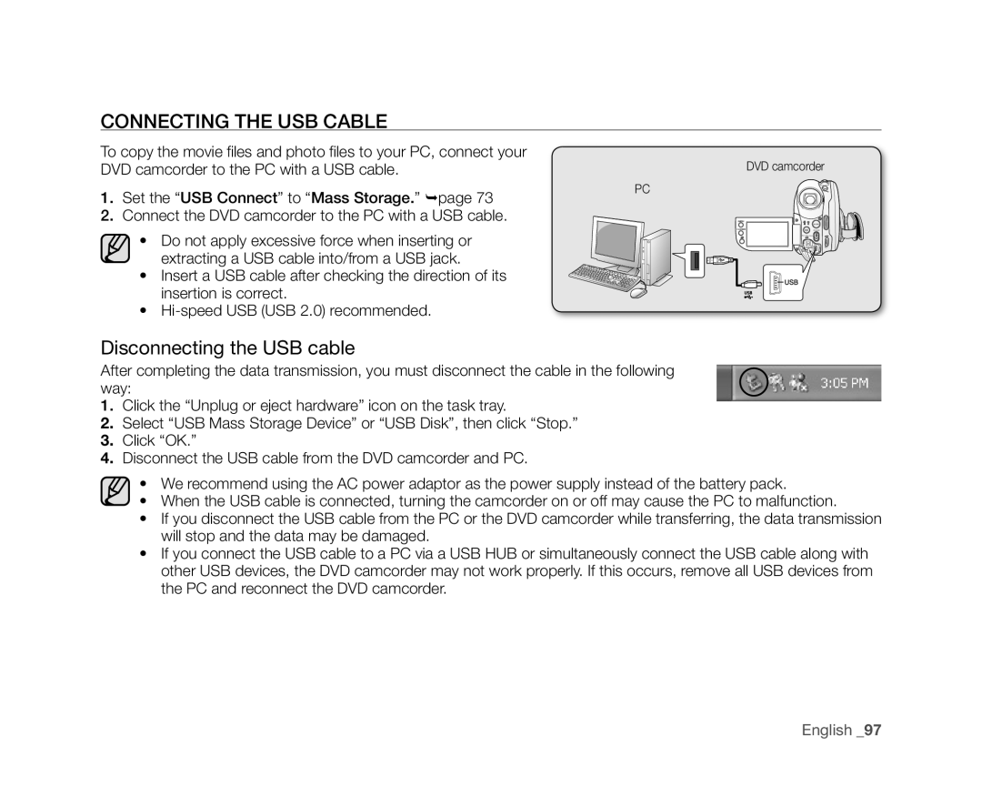 Samsung VP-DX10H/MEA manual Connecting the USB Cable, Disconnecting the USB cable, DVD camcorder to the PC with a USB cable 