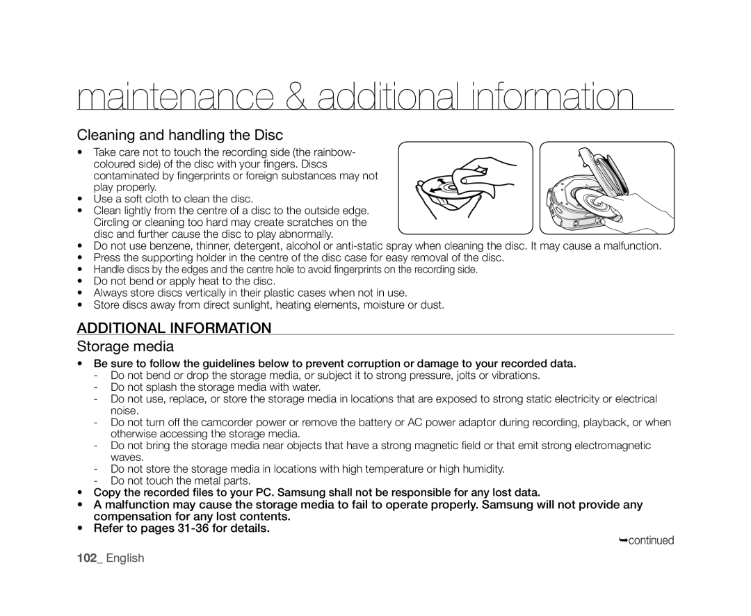 Samsung VP-DX10H/HAC, VP-DX10/XEF, VP-DX10H/XEF manual Cleaning and handling the Disc, Additional Information, Storage media 