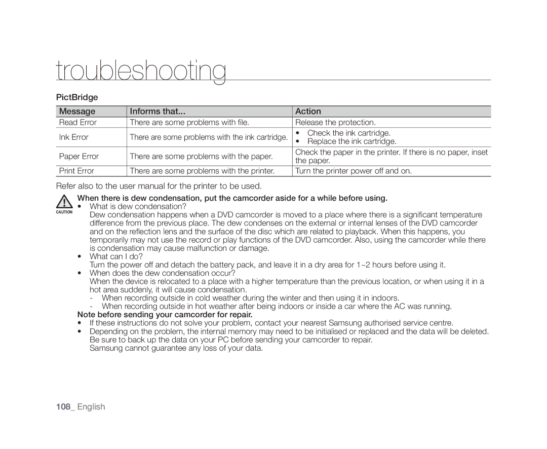 Samsung VP-DX10/XEO, VP-DX10/XEF, VP-DX10H/XEF, VP-DX10/XEE, VP-DX10/UMG, VP-DX10H/MEA PictBridge Message Informs that Action 