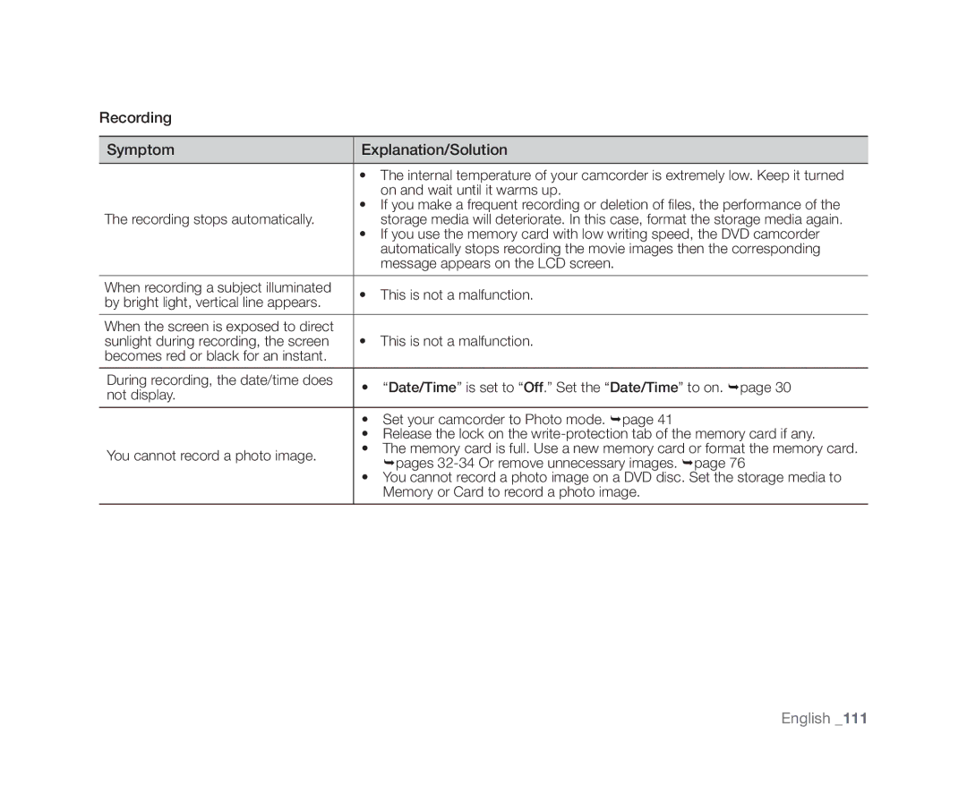 Samsung VP-DX10H/MEA manual On and wait until it warms up, Recording stops automatically, Message appears on the LCD screen 