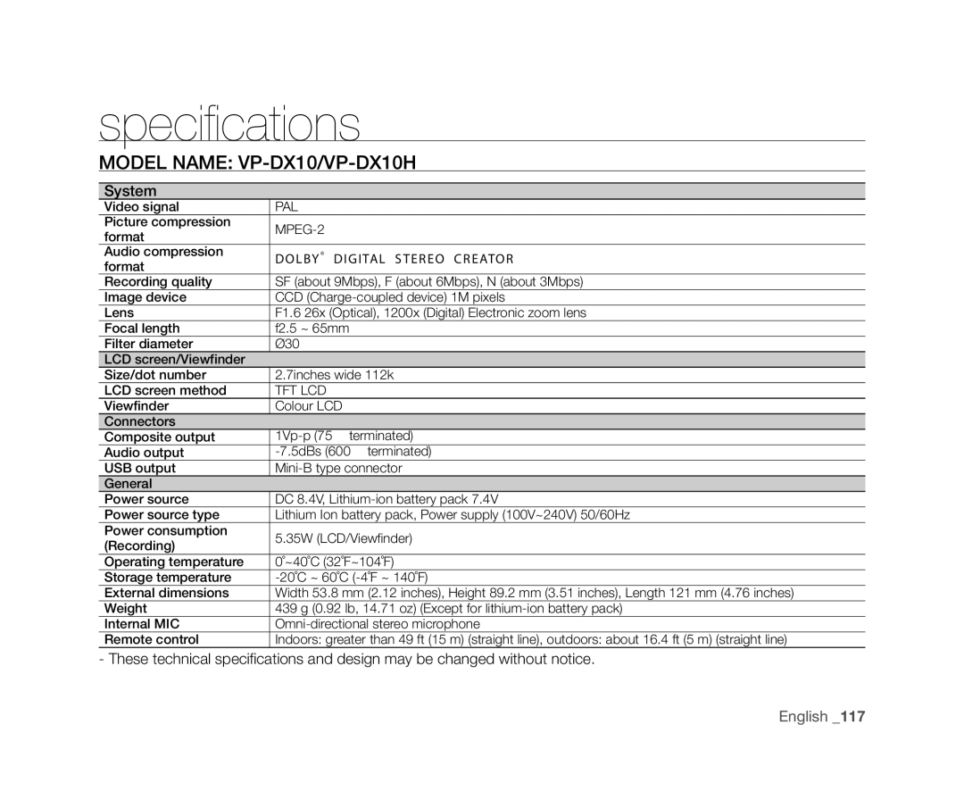 Samsung VP-DX10/SAH, VP-DX10/XEF, VP-DX10H/XEF, VP-DX10/XEO, VP-DX10/XEE Specifications, Model Name VP-DX10/VP-DX10H, System 