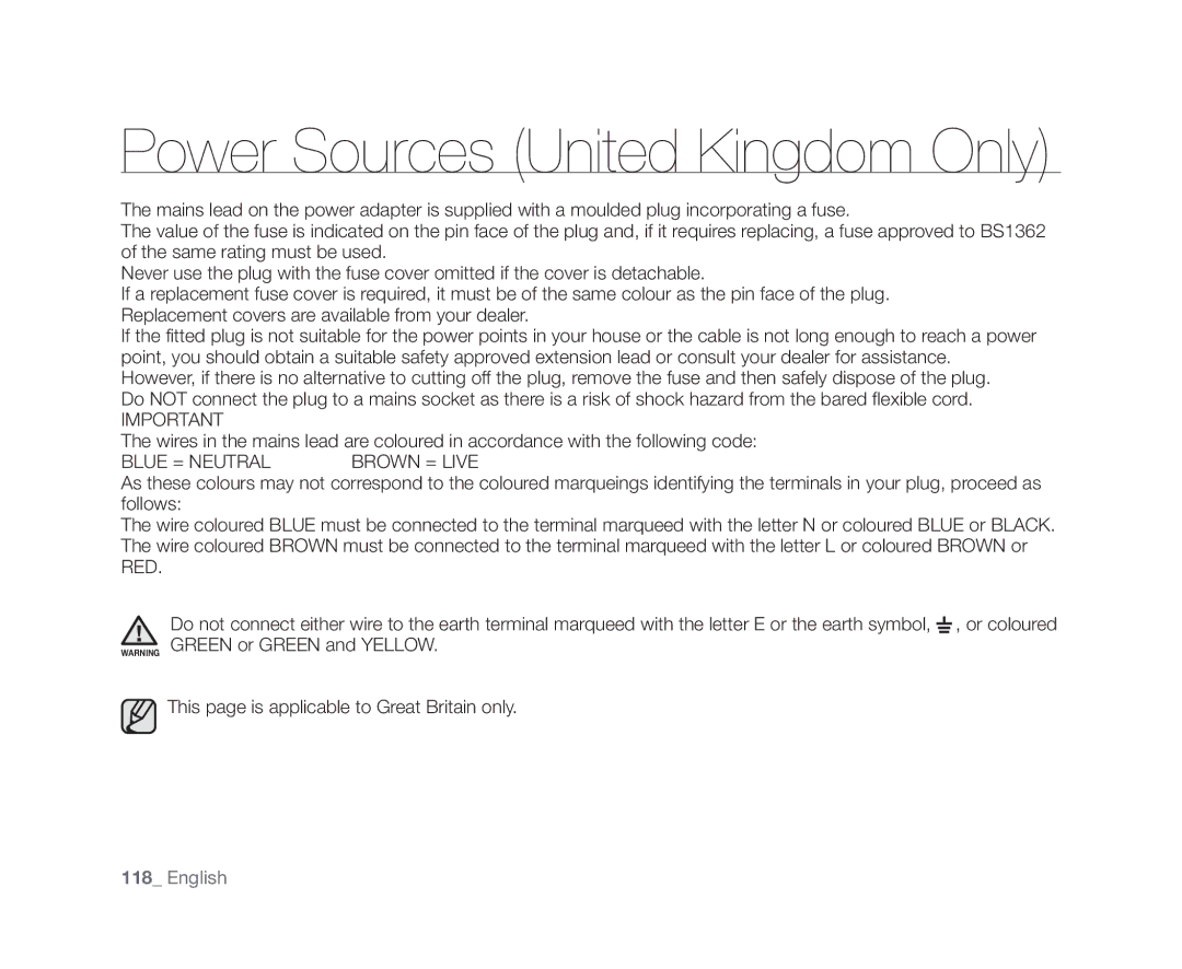 Samsung VP-DX10/XEK, VP-DX10/XEF, VP-DX10H/XEF, VP-DX10/XEO, VP-DX10/XEE, VP-DX10/UMG manual Power Sources United Kingdom Only 