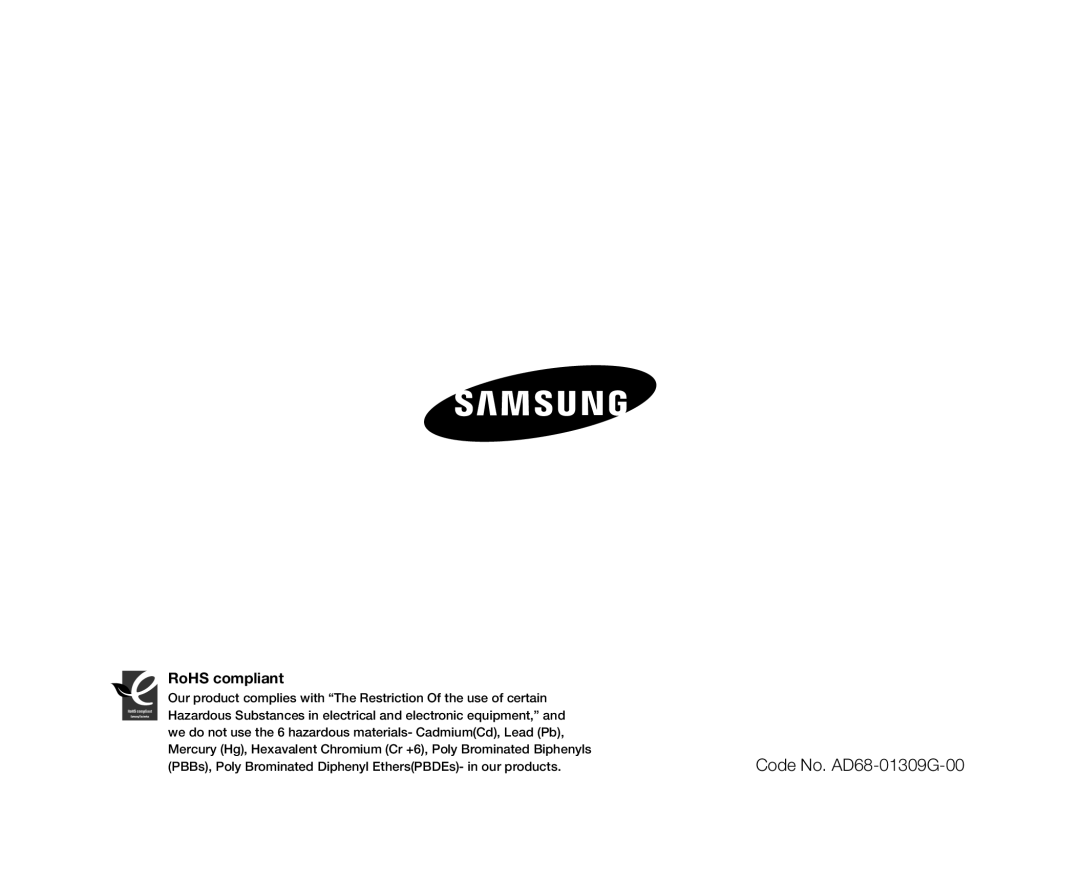 Samsung VP-DX10/XEE, VP-DX10/XEF, VP-DX10H/XEF, VP-DX10/XEO, VP-DX10/UMG, VP-DX10H/MEA Code No. AD68-01309G-00, RoHS compliant 