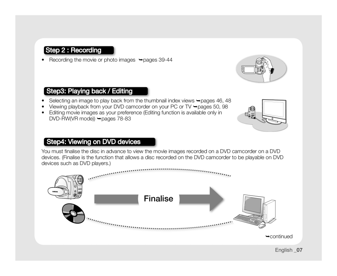 Samsung VP-DX10/XER, VP-DX10/XEF, VP-DX10H/XEF manual Playing back / Editing, Recording the movie or photo images pages 