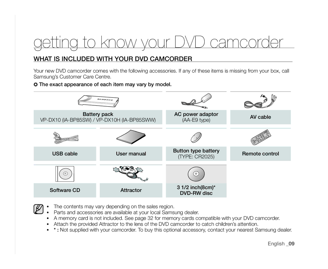 Samsung VP-DX10H/XEF Getting to know your DVD camcorder, What is Included with Your DVD Camcorder, AV cable, Software CD 