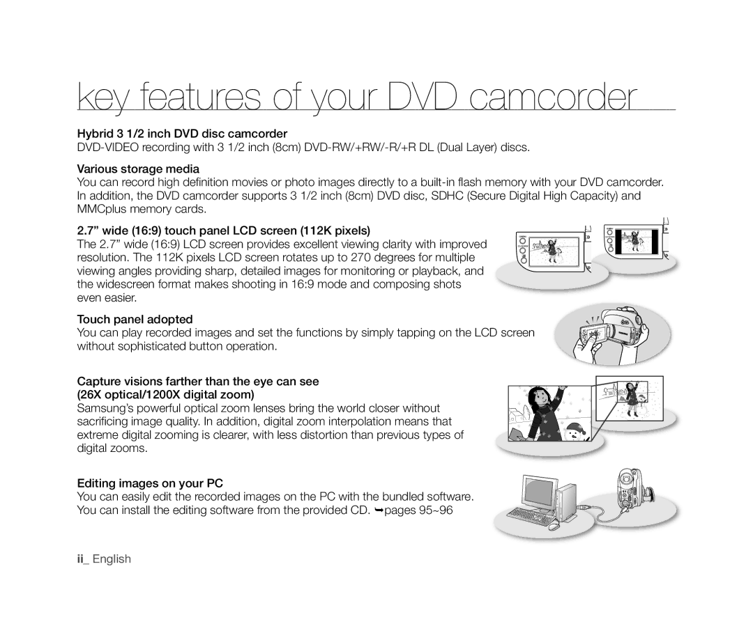 Samsung VP-DX10/XEO, VP-DX10/XEF, VP-DX10H/XEF, VP-DX10/XEE, VP-DX10/UMG, VP-DX10H/MEA manual Key features of your DVD camcorder 