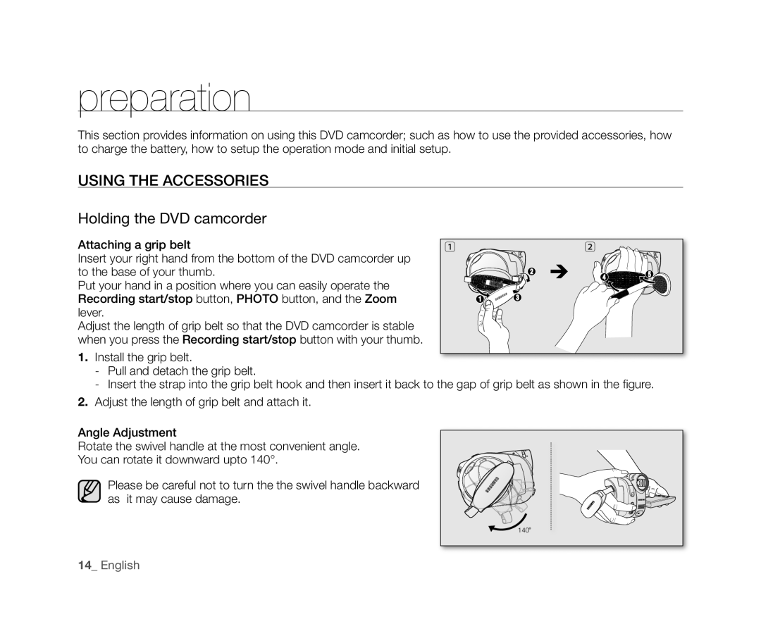 Samsung VP-DX10/HAC, VP-DX10/XEF, VP-DX10H/XEF, VP-DX10/XEO Preparation, Using the Accessories, Holding the DVD camcorder 