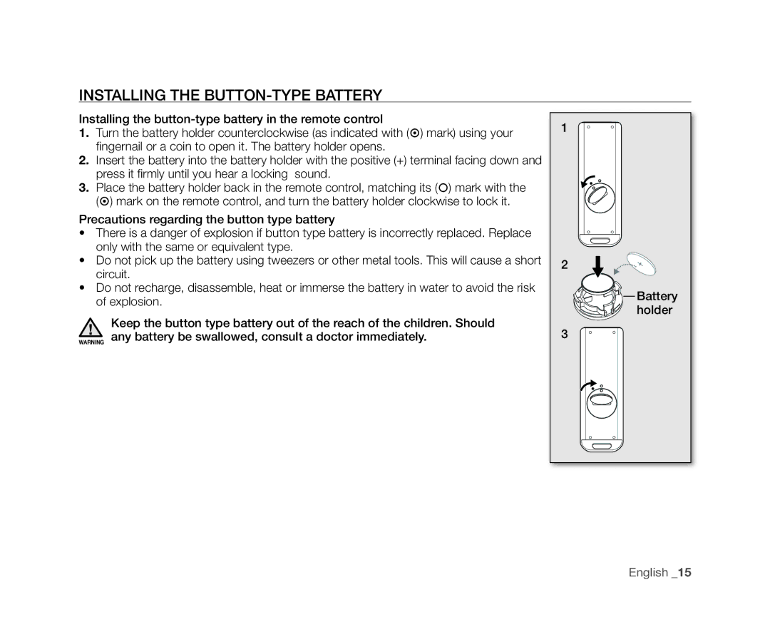 Samsung VP-DX10/KNT, VP-DX10/XEF, VP-DX10H/XEF, VP-DX10/XEO, VP-DX10/XEE, VP-DX10/UMG manual Installing the BUTTON-TYPE Battery 