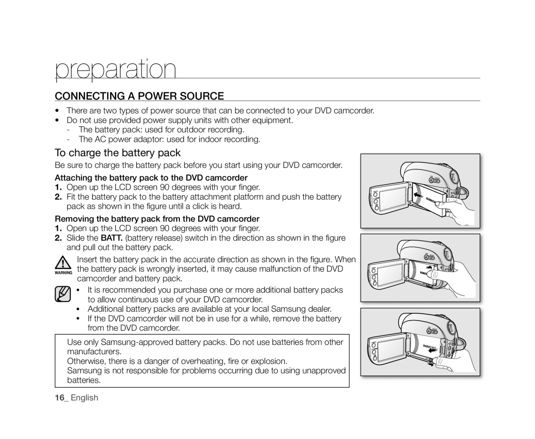 Samsung VP-DX10/ADL, VP-DX10/XEF, VP-DX10H/XEF, VP-DX10/XEO manual Connecting a Power Source, To charge the battery pack 