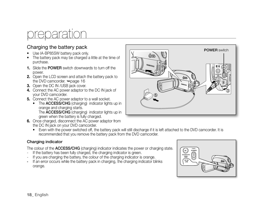 Samsung VP-DX10H/HAC, VP-DX10/XEF, VP-DX10H/XEF, VP-DX10/XEO, VP-DX10/XEE, VP-DX10/UMG, VP-DX10H/MEA Charging the battery pack 