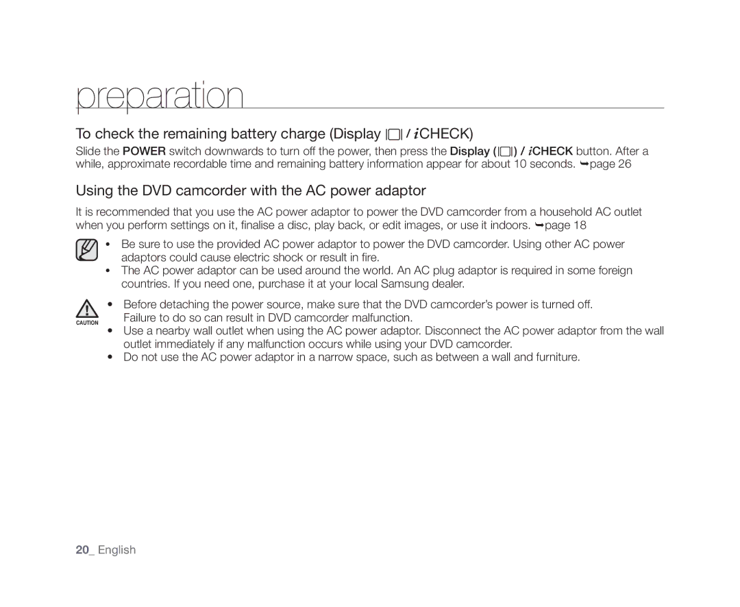 Samsung VP-DX10/XEK, VP-DX10/XEF, VP-DX10H/XEF, VP-DX10/XEO manual To check the remaining battery charge Display / iCHECK 