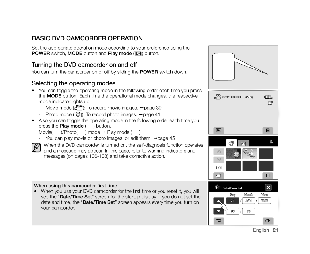 Samsung VP-DX10/XER Basic DVD Camcorder Operation, Turning the DVD camcorder on and off, Selecting the operating modes 