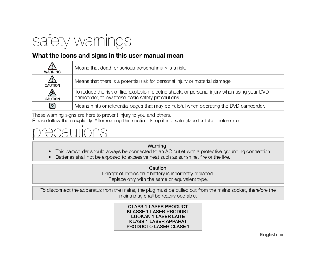 Samsung VP-DX10/XEE, VP-DX10/XEF manual Safety warnings, Precautions, Camcorder, follow these basic safety precautions 