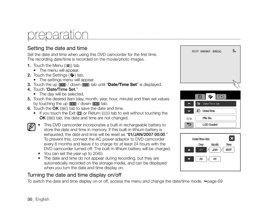 Samsung VP-DX10/ADL, VP-DX10/XEF, VP-DX10H/XEF manual Setting the date and time, Turning the date and time display on/off 