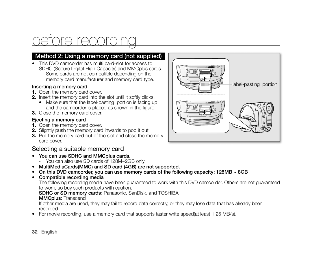 Samsung VP-DX10H/HAC, VP-DX10/XEF, VP-DX10H/XEF, VP-DX10/XEO manual Selecting a suitable memory card, Label-pasting portion 