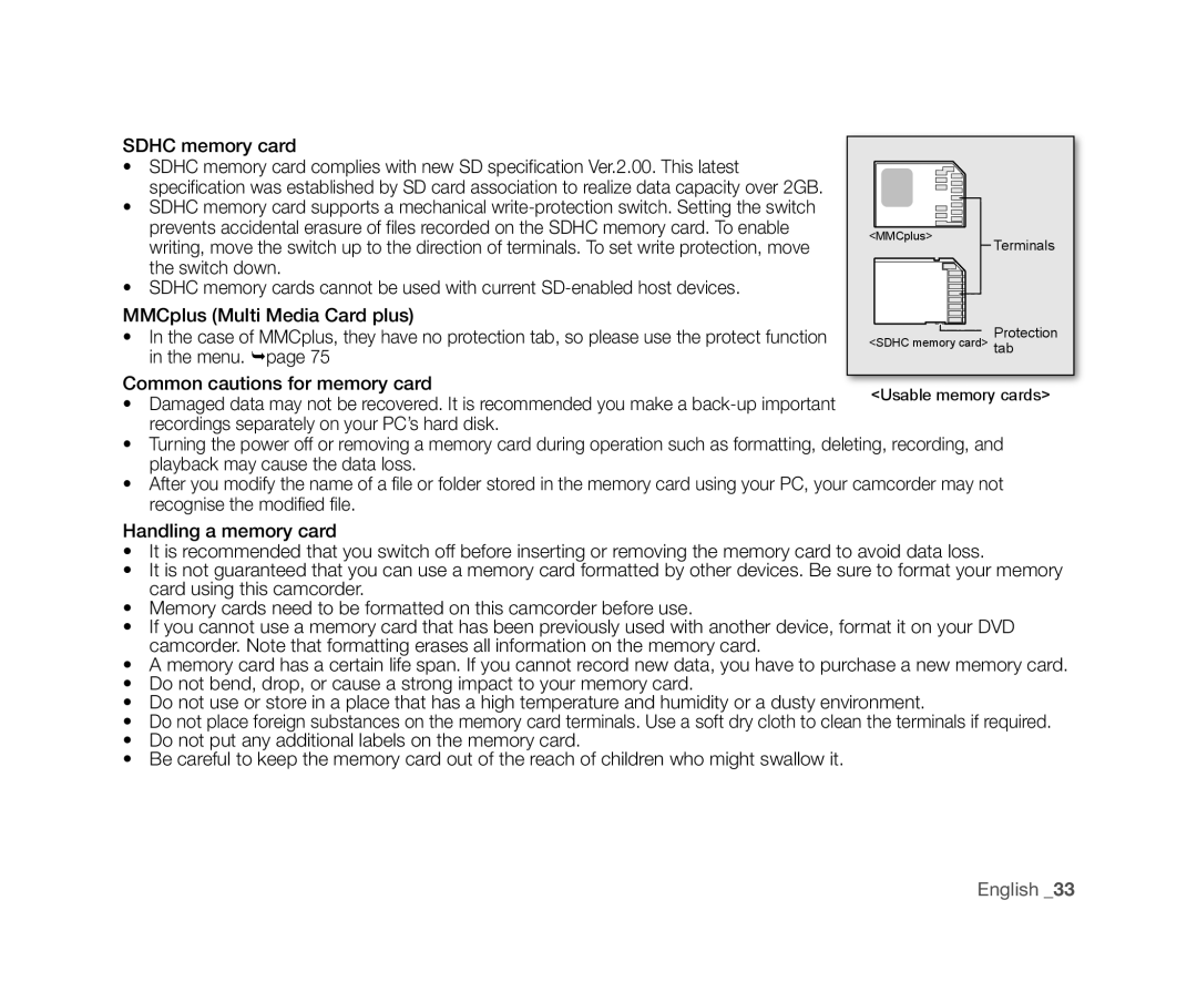 Samsung VP-DX10/SAH, VP-DX10/XEF, VP-DX10H/XEF, VP-DX10/XEO, VP-DX10/XEE, VP-DX10/UMG, VP-DX10H/MEA manual Sdhc memory card 