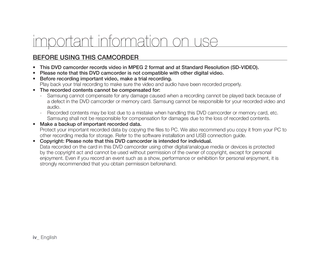 Samsung VP-DX10/UMG, VP-DX10/XEF, VP-DX10H/XEF, VP-DX10/XEO manual Important information on use, Before Using this Camcorder 