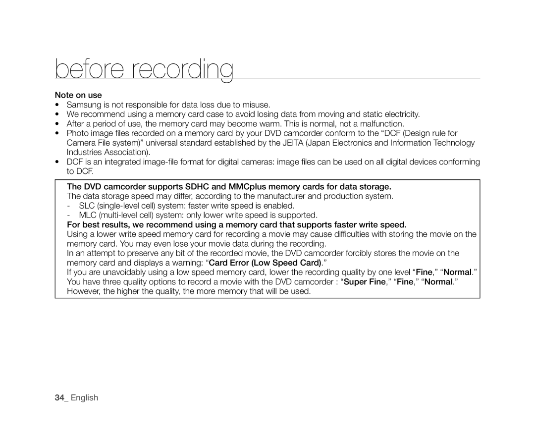 Samsung VP-DX10/XEK, VP-DX10/XEF, VP-DX10H/XEF, VP-DX10/XEO, VP-DX10/XEE, VP-DX10/UMG, VP-DX10H/MEA manual Before recording 