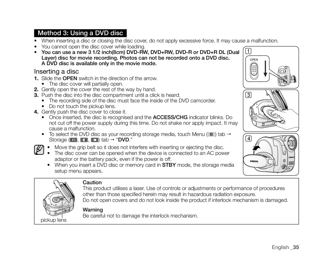 Samsung VP-DX10/XER, VP-DX10/XEF, VP-DX10H/XEF, VP-DX10/XEO Inserting a disc, DVD disc is available only in the movie mode 