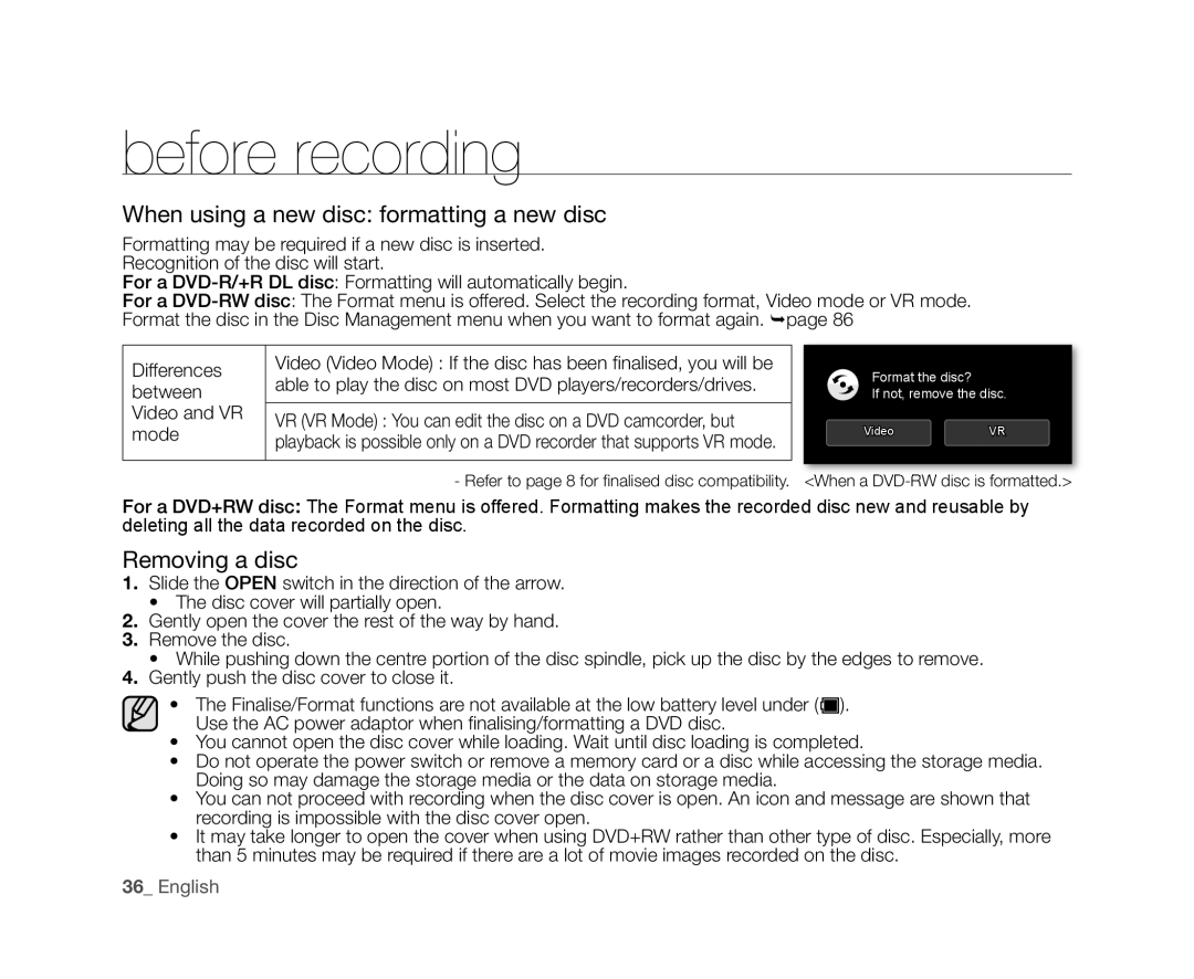 Samsung VP-DX10/XEF, VP-DX10H/XEF, VP-DX10/XEO, VP-DX10/XEE When using a new disc formatting a new disc, Removing a disc 