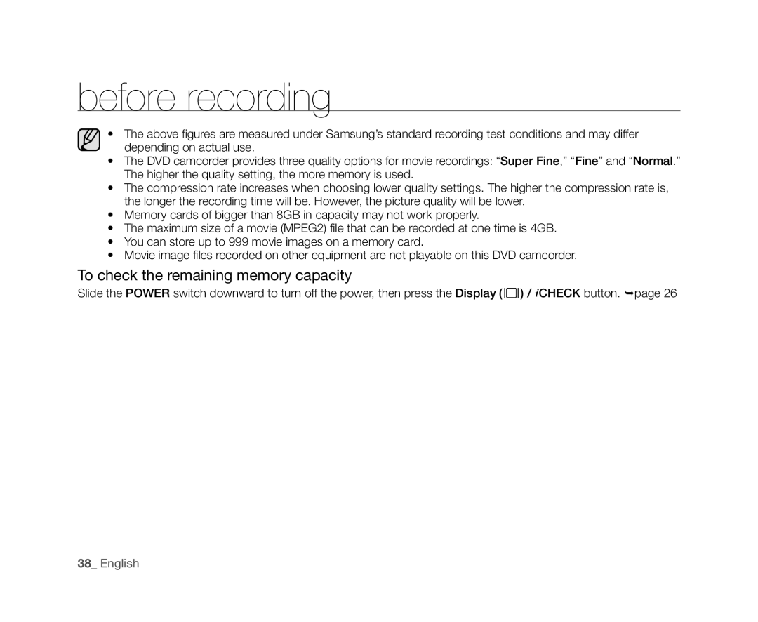 Samsung VP-DX10/XEO, VP-DX10/XEF, VP-DX10H/XEF, VP-DX10/XEE, VP-DX10/UMG, VP-DX10H/MEA To check the remaining memory capacity 