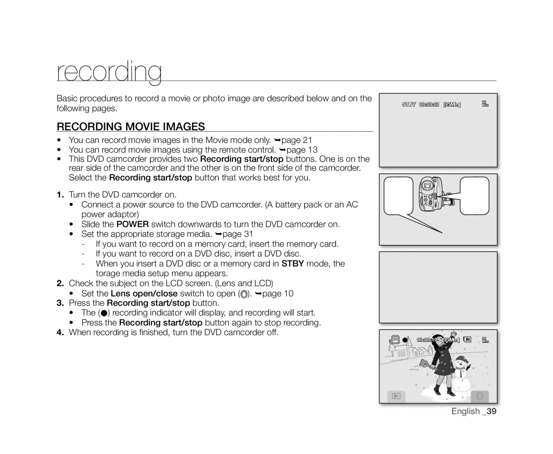 Samsung VP-DX10/XEE, VP-DX10/XEF, VP-DX10H/XEF, VP-DX10/XEO, VP-DX10/UMG, VP-DX10H/MEA, VP-DX10/HAC Recording Movie Images 