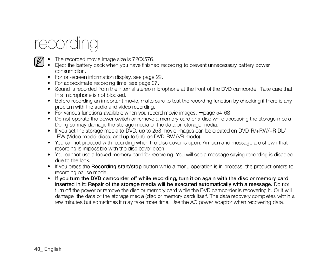 Samsung VP-DX10/UMG, VP-DX10/XEF, VP-DX10H/XEF, VP-DX10/XEO, VP-DX10/XEE, VP-DX10H/MEA, VP-DX10/HAC, VP-DX10/KNT manual Recording 