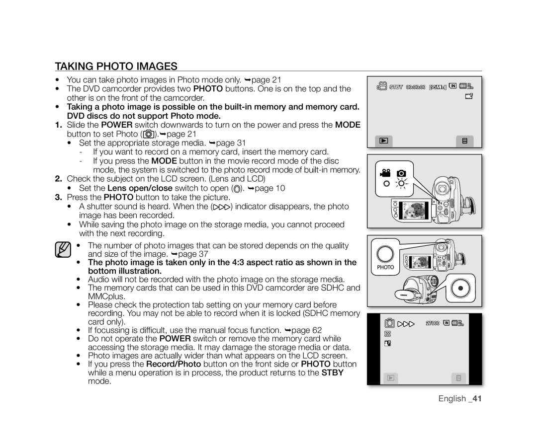 Samsung VP-DX10H/MEA, VP-DX10/XEF, VP-DX10H/XEF, VP-DX10/XEO, VP-DX10/XEE, VP-DX10/UMG, VP-DX10/HAC manual Taking Photo Images 