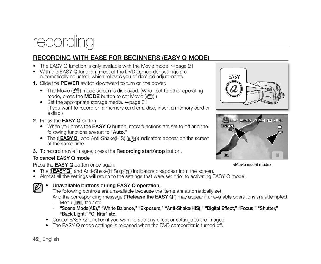 Samsung VP-DX10/HAC, VP-DX10/XEF, VP-DX10H/XEF, VP-DX10/XEO, VP-DX10/XEE manual Recording with Ease for Beginners Easy Q Mode 