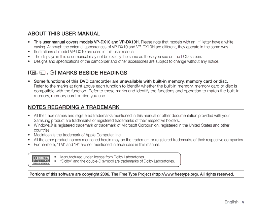 Samsung VP-DX10H/MEA, VP-DX10/XEF, VP-DX10H/XEF, VP-DX10/XEO, VP-DX10/XEE, VP-DX10/UMG, VP-DX10/HAC manual Marks Beside Headings 