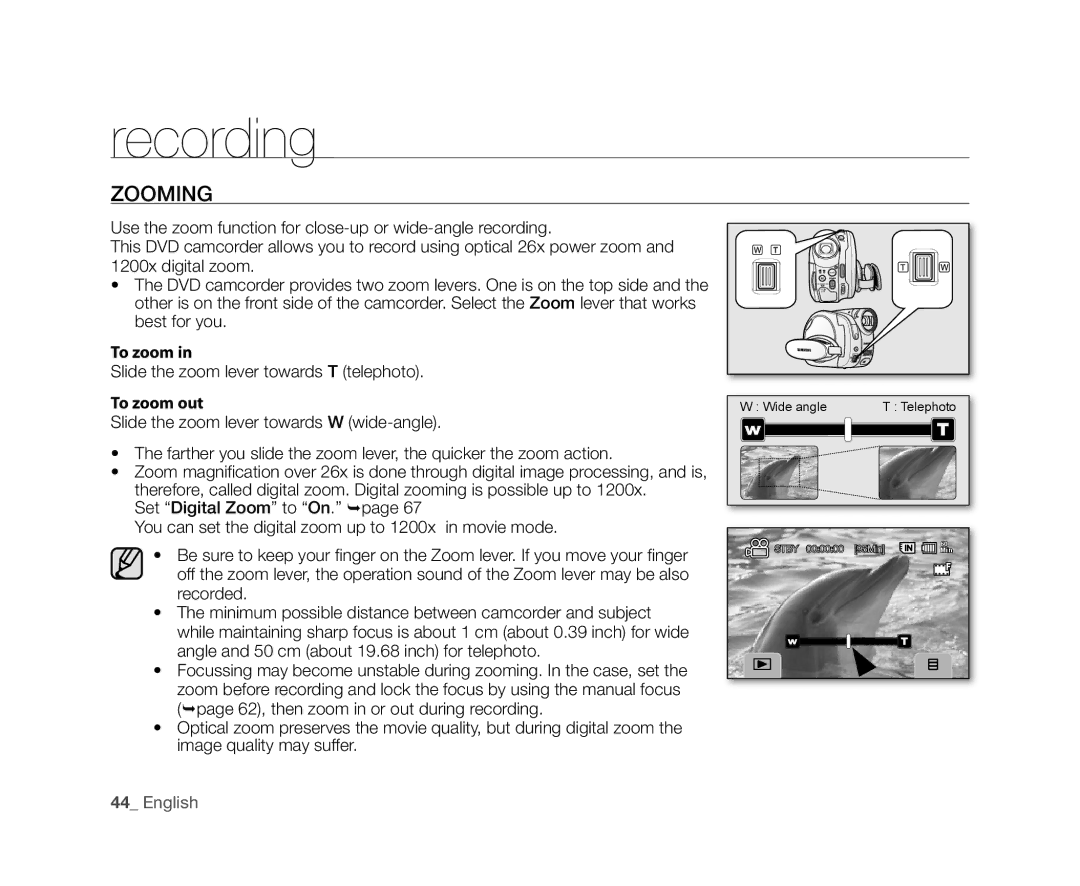 Samsung VP-DX10/ADL, VP-DX10/XEF, VP-DX10H/XEF, VP-DX10/XEO, VP-DX10/XEE Zooming, Slide the zoom lever towards T telephoto 