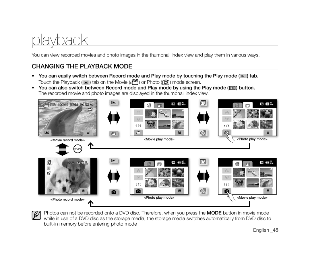 Samsung VP-DX10/MEA, VP-DX10/XEF, VP-DX10H/XEF, VP-DX10/XEO, VP-DX10/XEE, VP-DX10/UMG manual Changing the Playback Mode 