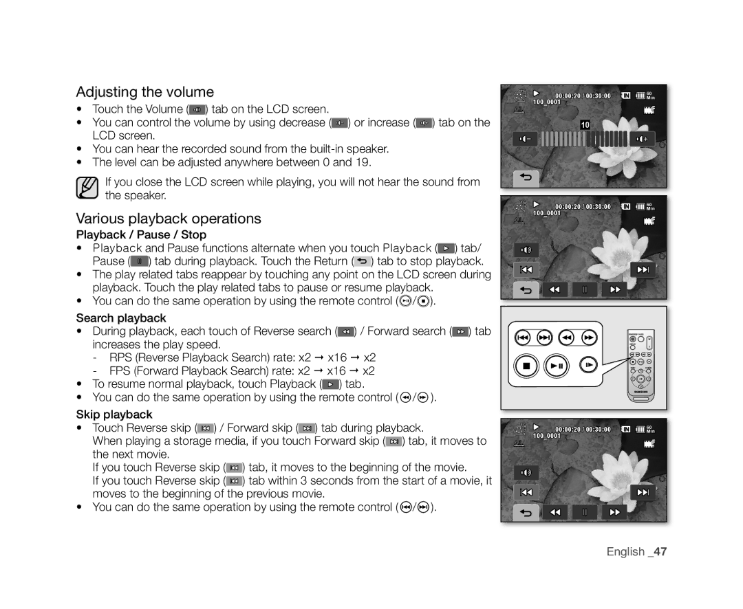 Samsung VP-DX10/SAH, VP-DX10/XEF, VP-DX10H/XEF Adjusting the volume, Various playback operations, Playback / Pause / Stop 