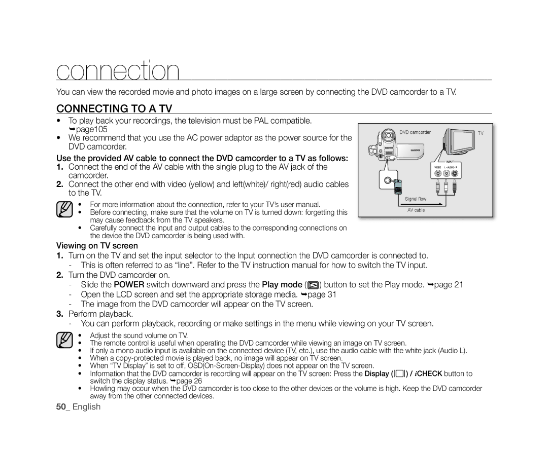 Samsung VP-DX10/XEF, VP-DX10H/XEF, VP-DX10/XEO, VP-DX10/XEE, VP-DX10/UMG, VP-DX10H/MEA manual Connection, Connecting to a TV 