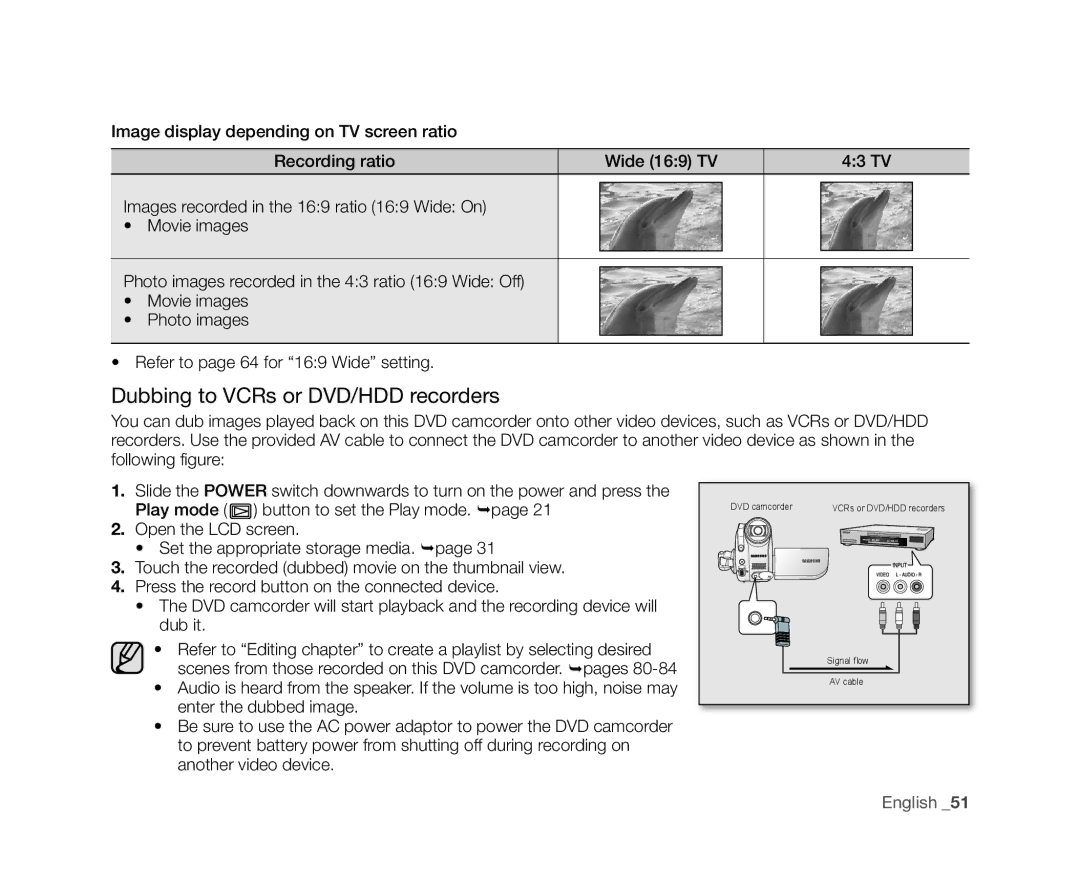 Samsung VP-DX10H/XEF, VP-DX10/XEF, VP-DX10/XEO, VP-DX10/XEE, VP-DX10/UMG, VP-DX10H/MEA Dubbing to VCRs or DVD/HDD recorders 