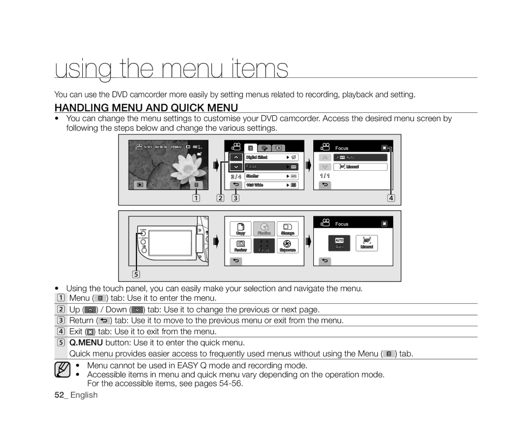 Samsung VP-DX10/XEO, VP-DX10/XEF, VP-DX10H/XEF, VP-DX10/XEE, VP-DX10/UMG Using the menu items, Handling Menu and Quick Menu 