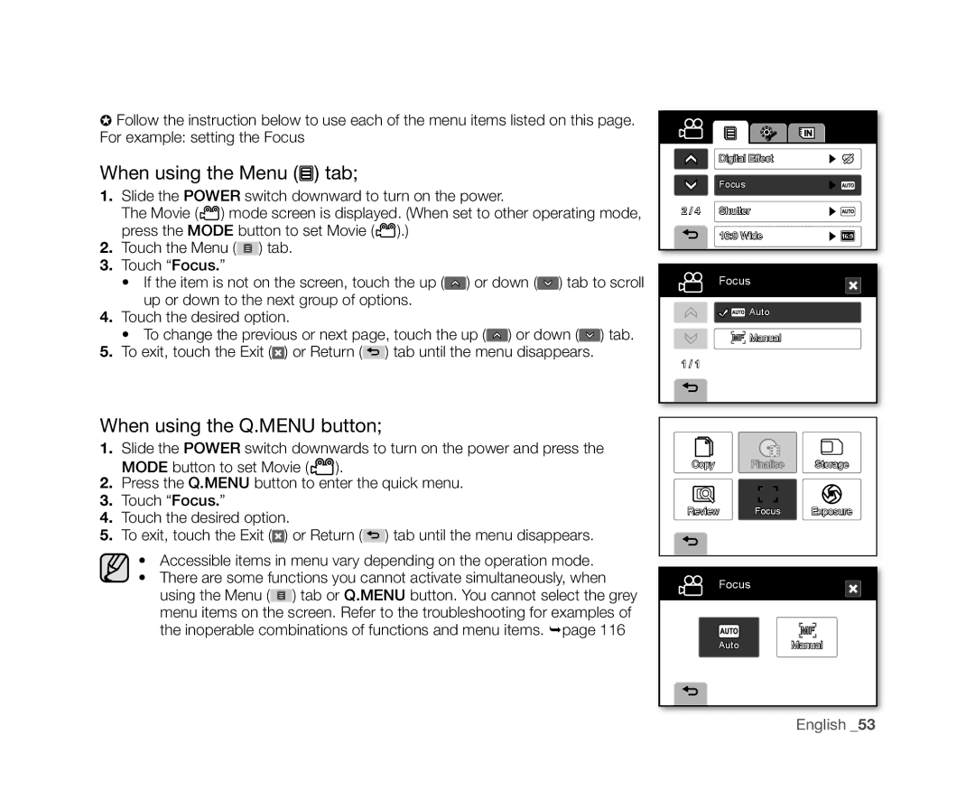 Samsung VP-DX10/XEE, VP-DX10/XEF, VP-DX10H/XEF, VP-DX10/XEO manual When using the Menu tab, When using the Q.MENU button 