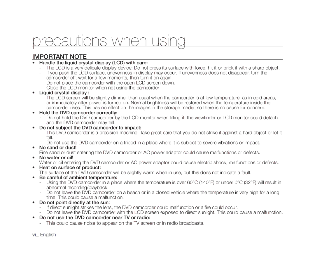 Samsung VP-DX10/HAC, VP-DX10/XEF, VP-DX10H/XEF, VP-DX10/XEO, VP-DX10/XEE, VP-DX10/UMG Precautions when using, Important Note 