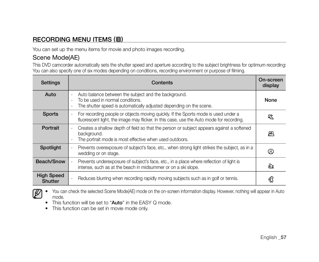 Samsung VP-DX10/KNT, VP-DX10/XEF, VP-DX10H/XEF Recording Menu Items, Scene ModeAE, Portrait, Wedding or on stage Beach/Snow 