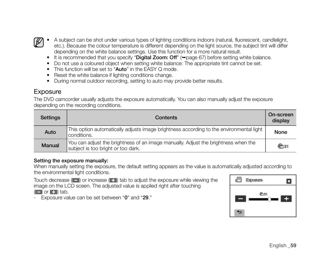 Samsung VP-DX10/MEA, VP-DX10/XEF, VP-DX10H/XEF, VP-DX10/XEO Conditions, Exposure value can be set between 0, On-screen 