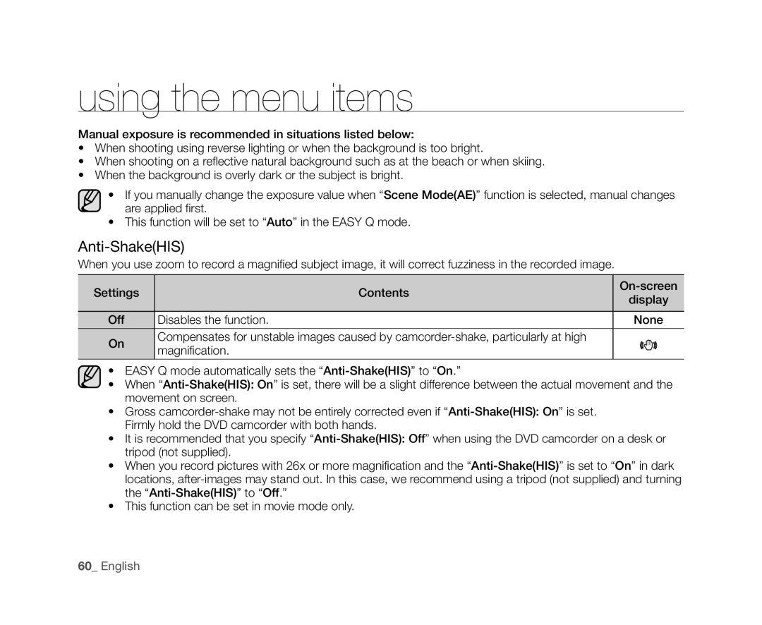 Samsung VP-DX10H/HAC, VP-DX10/XEF, VP-DX10H/XEF, VP-DX10/XEO, VP-DX10/XEE, VP-DX10/UMG, VP-DX10H/MEA manual Anti-ShakeHIS, Off 